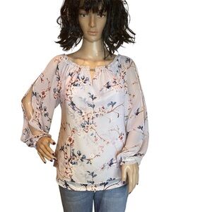 WHBM White House Black Market Floral Blouse Split Sleeves Top Size Small EUC